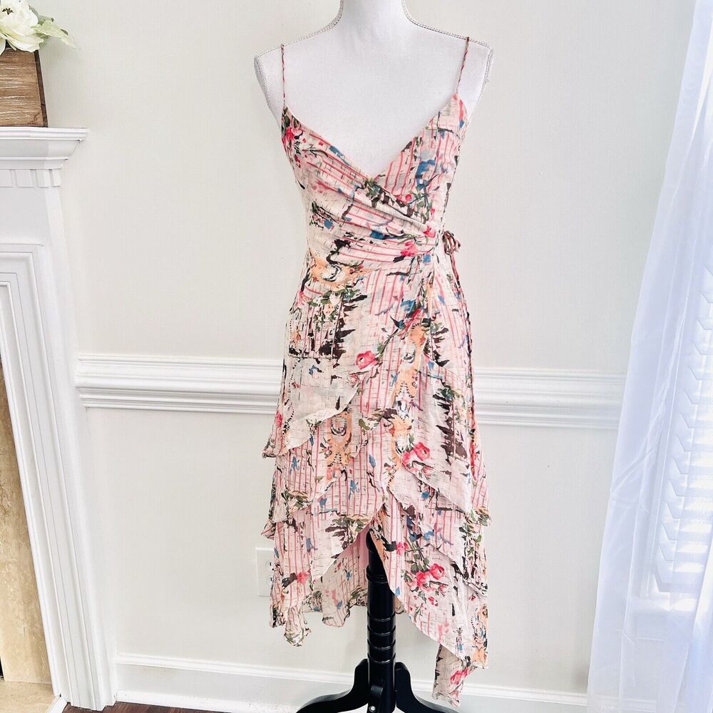 BCBGMAXAZARIA Pink Floral Chiffon True Wrap Dress with Asymmetrical Ruffles Sz 4